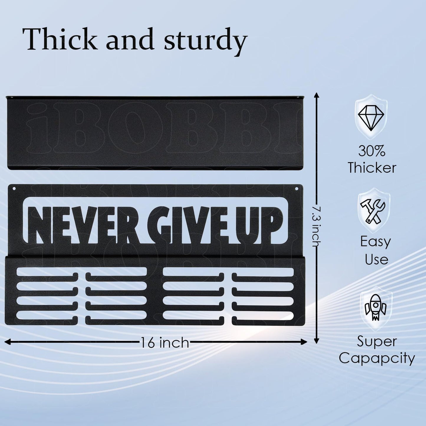 iBobbish Non-Slip Medal Hanger Display Trophy Shelf,NEVER GIVE UP Medal Hanger Display For Wall with 16inchL 4 Rows,Race Medal Display Upgraded Medal Holder Display For gymanstics,race,soccer,swim