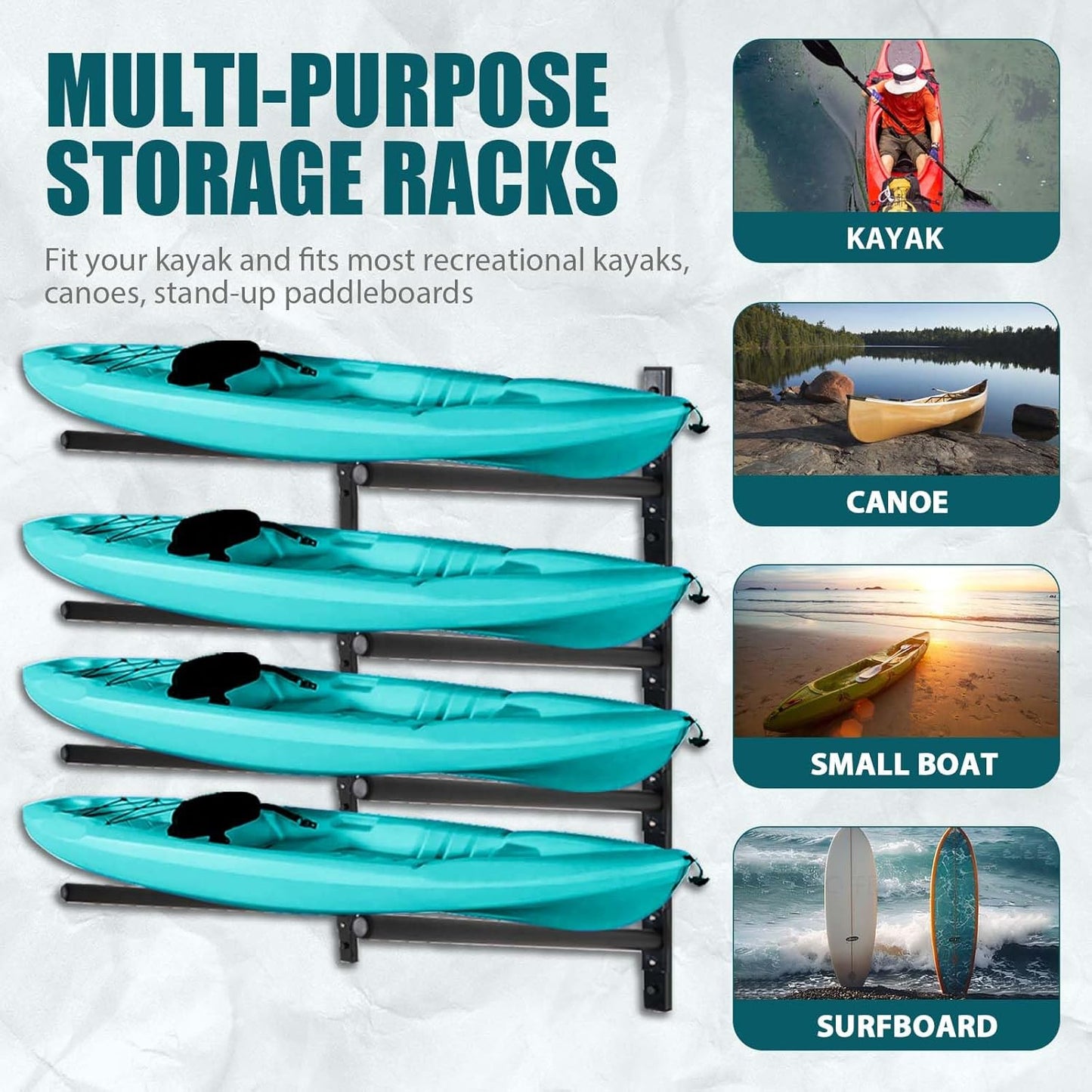 Kayak Storage Rack, Adjustable Wall Mount Kayak Racks for Garage and Outdoor Storage, Heavy Duty Weight Capacity, 2 Level / 3 Level / 4 Level
