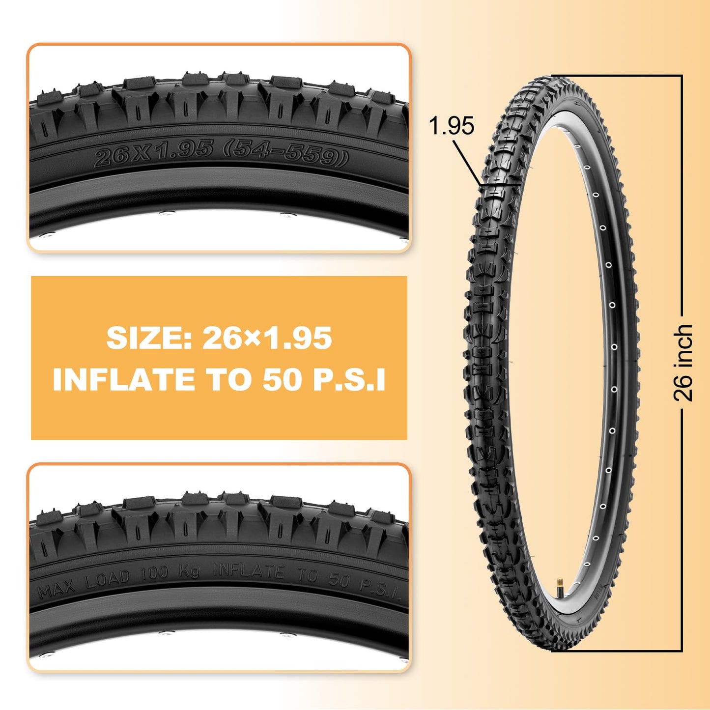 2-Pack Mountain Bike Tires Set: Hycline 26x1.95 Inch (54-559 mm) Folding Replacement Puncture Resistant High-Density Bicycle Tires and Pair Inner Tubes with Tire Levers for MTB Off-Road Bike