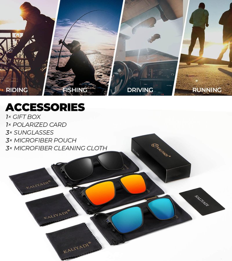 KALIYADI Polarized Sunglasses Men, Lightweight Mens Sunglasses Polarized UV Protection Driving Fishing Golf (Black/Dark Blue/Red)