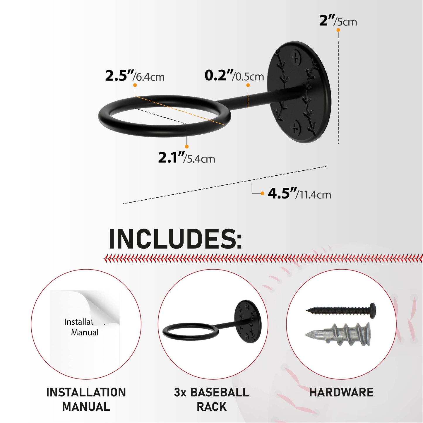 Wallniture Sporta Baseball Bat and Ball Holder Wall Mounted Organization and Storage Rack Set of 3 Metal Black