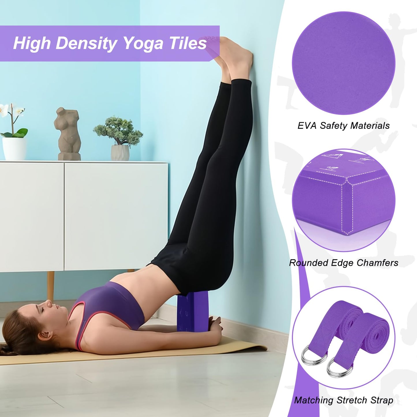 IBEQUEM Yoga Block and Yoga Strap Set, 2 Soft Non-Slip Yoga Blocks 9×6×3 inches, 6FT Metal D-Ring Strap for Yoga, General Fitness, Pilates, Stretching and Toning, Purple