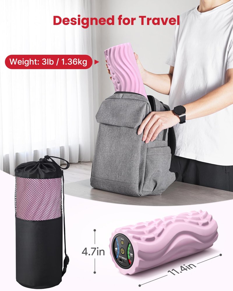 FITINDEX Vibrating Foam Roller for Back Pain, 5-Speed Foam Roller Muscle Massage, Exercise, Yoga, Muscles Deep Tissue, Pilates, Physical Therapy, Recovery, Neck, Leg, Rechargeable, Pink