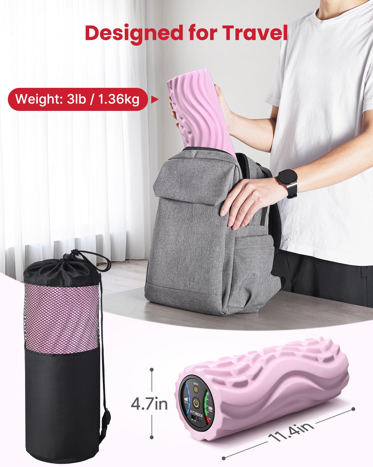 FITINDEX Vibrating Foam Roller for Back Pain, 5-Speed Foam Roller Muscle Massage, Exercise, Yoga, Muscles Deep Tissue, Pilates, Physical Therapy, Recovery, Neck, Leg, Rechargeable, Pink