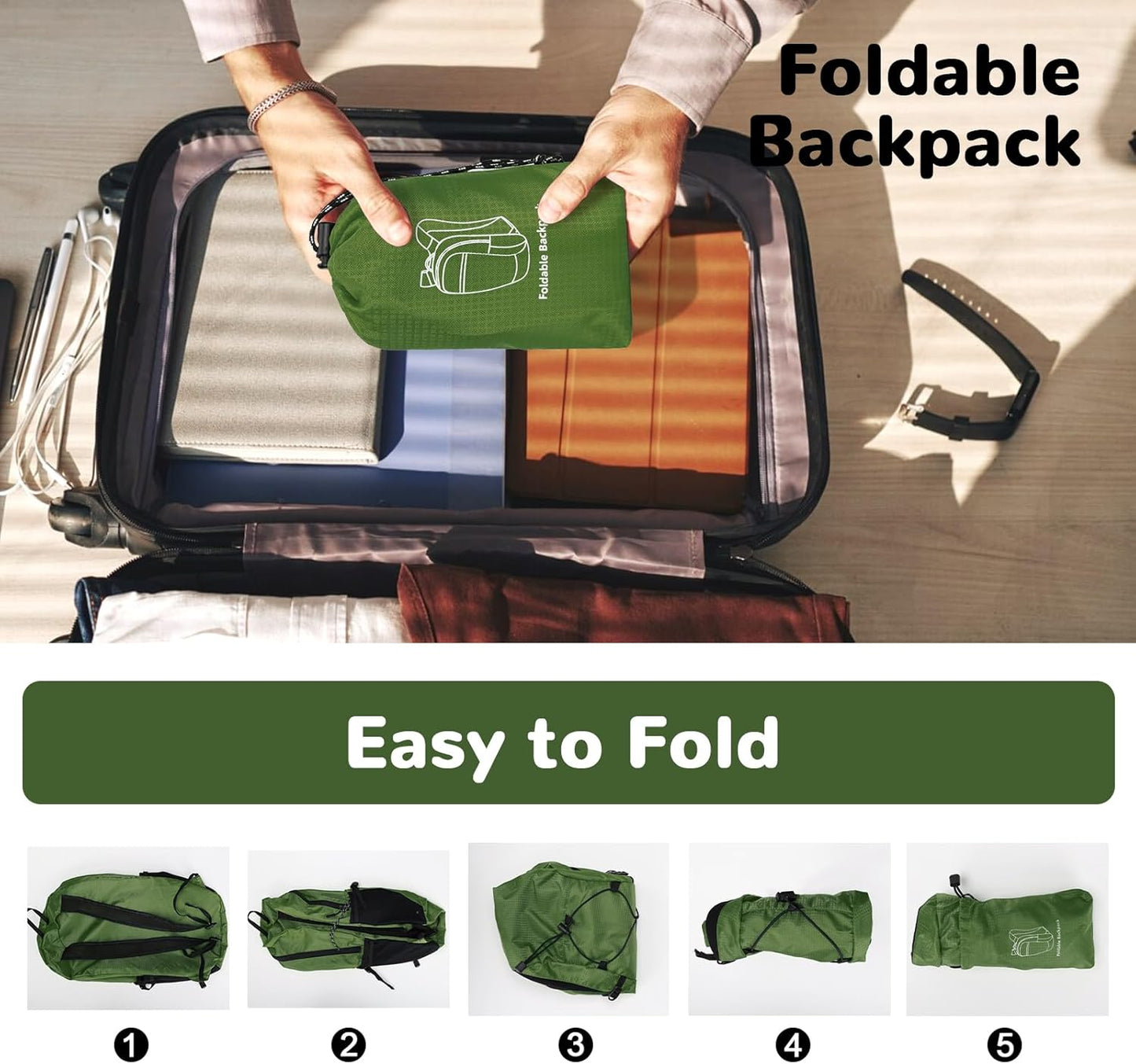 15L Small Foldable Hiking Backpack for Men Women, Packable Collapsible Daypack for Casual, Light Gray