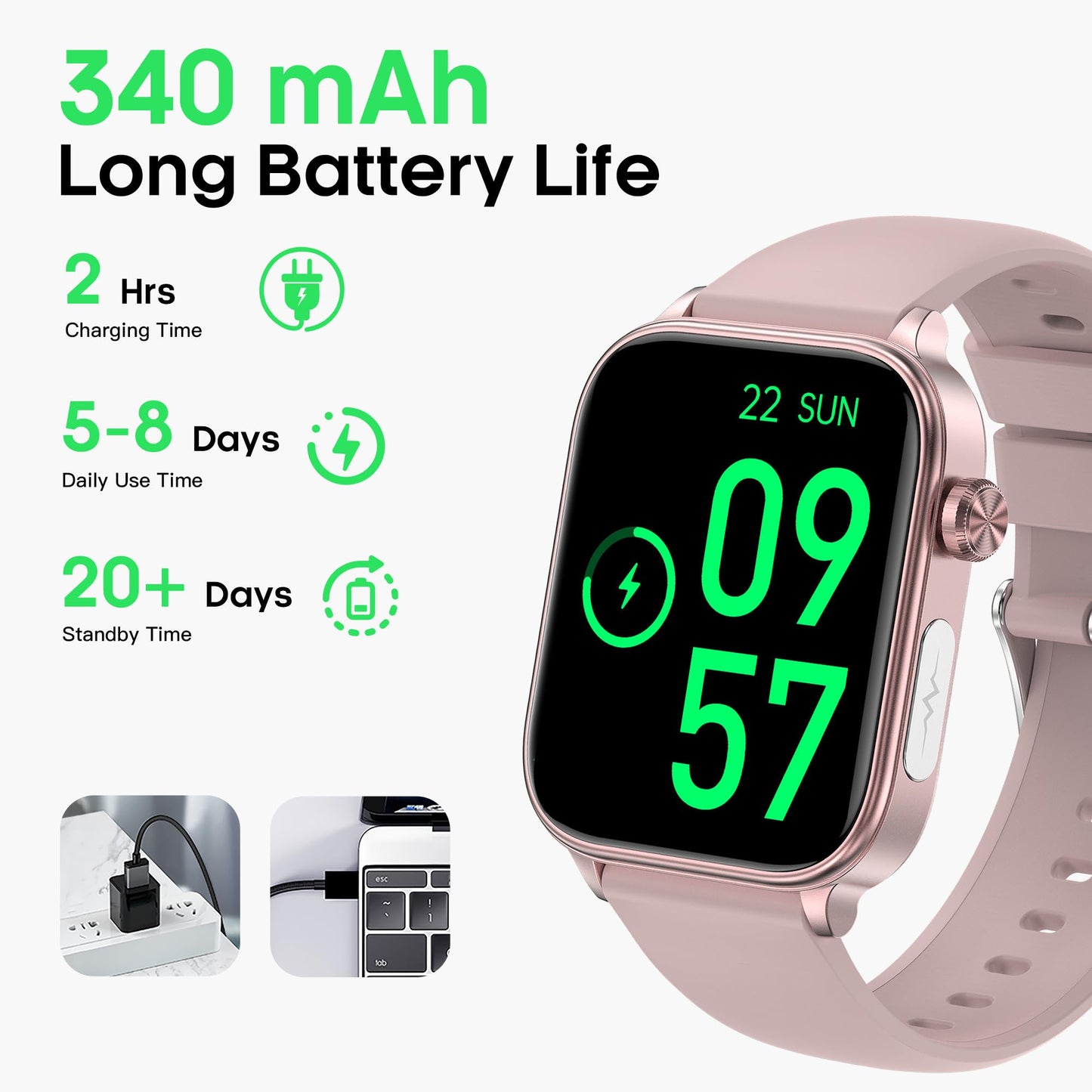 Yowow BIT Smart Watch for Men Women (Receive/Make Calls), 1.96" IPS Fitness Tracker, Heart Rate/Blood Oxygen/Blood Pressure/Sleep Monitor/20+ Sports Modes, Pedometer for Android iOS (Pink)