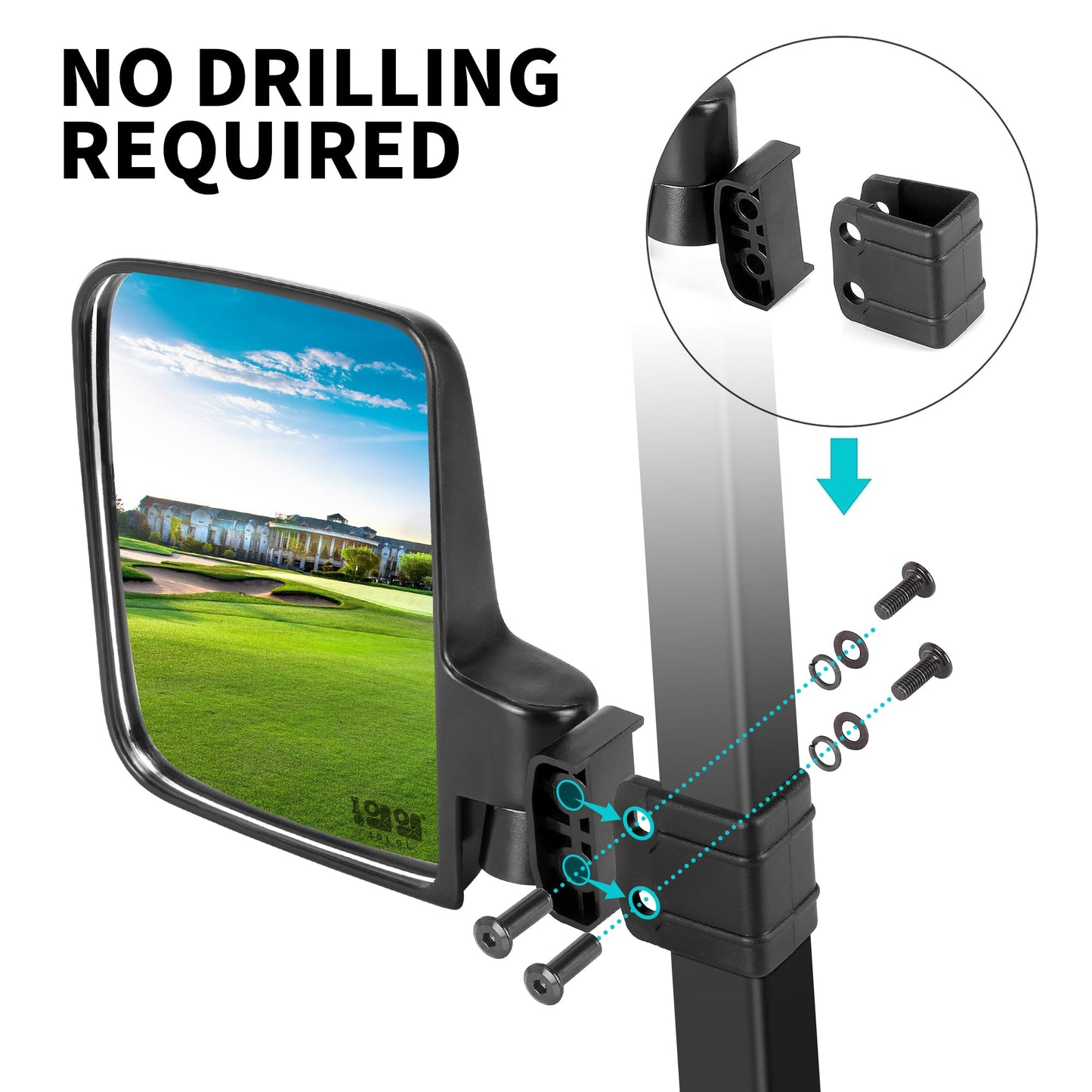 10L0L Golf Cart Mirror, No Drilling Extra Large Side View Mirror Universal for Yamaha, Club Car, EZGO, Folding Side Rear View Mirrors Adjustable 180 Degree (Black Clips)