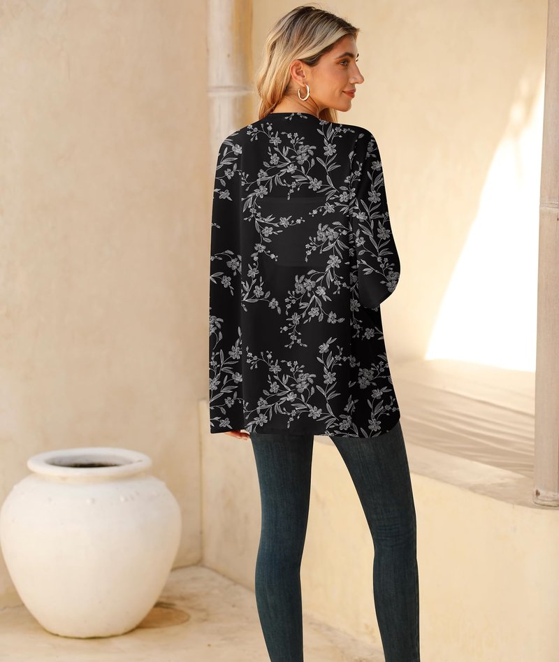 LILBETTER Womens Floral Chiffon Kimono Cardigans Loose Beach Cover Up Half Sleeve Tops(Black Leaves Large)