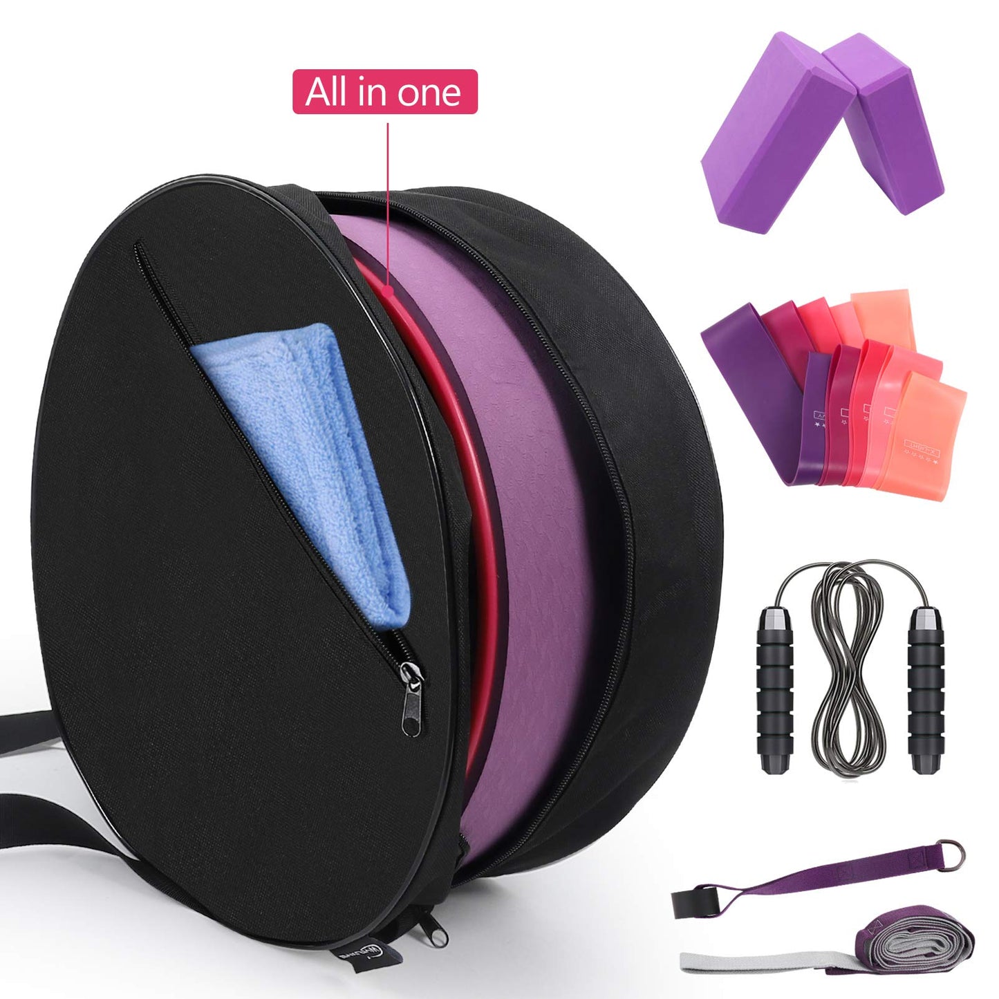 11-in-1 Yoga Wheel Set Back Roller & 2 Blocks with Strap,Resistance Bands,Jump Rope,Carrying Bag,Perfect Yoga Back Wheel Accessory Starter Kit for Beginner, Stretching and Improving Backbends-Purple
