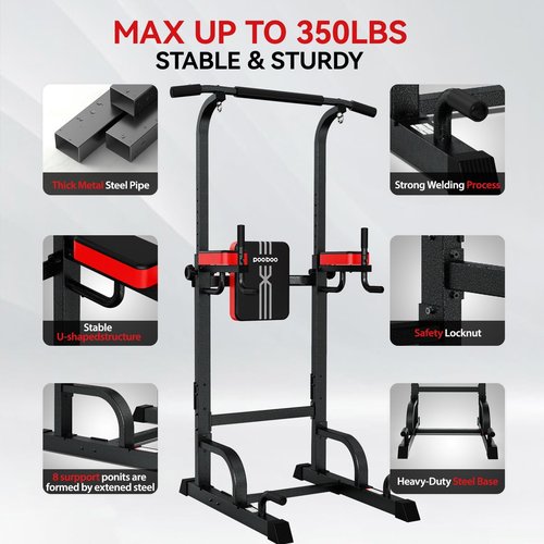 Pooboo Power Tower Dip Station Pull Up Bar for Fitness Home Gym Workout,Multi-Function Adjustable Height Fitness Strength Training Exercise Equipment,without Power Elastic Ropes