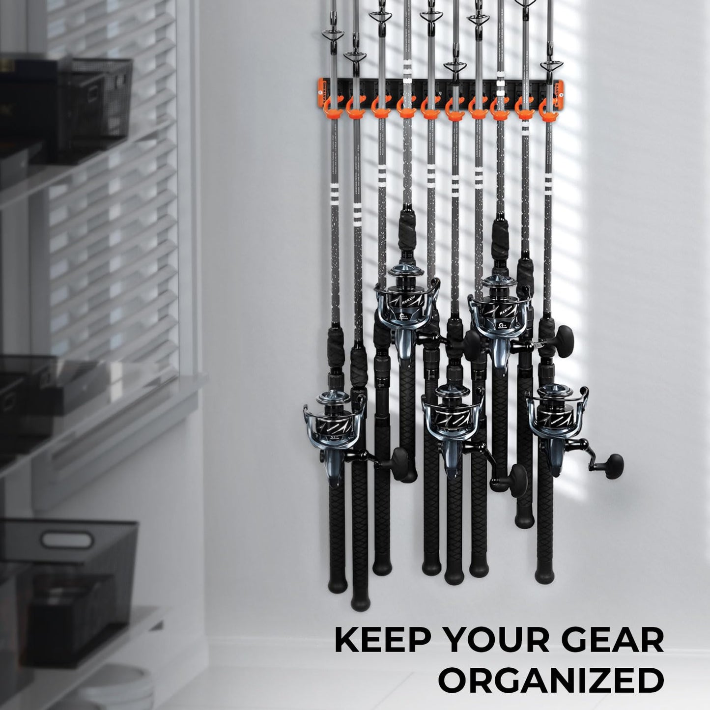 KastKing V10 Pivot Grip Fishing Rod Holder–Adjustable, Space-Saving Wall-Mounted Rod Holder, 10 Polymer-Coated Steel Hooks, Expandable Storage System, Holds 10 Rod & Reel Combos, 1 Pack