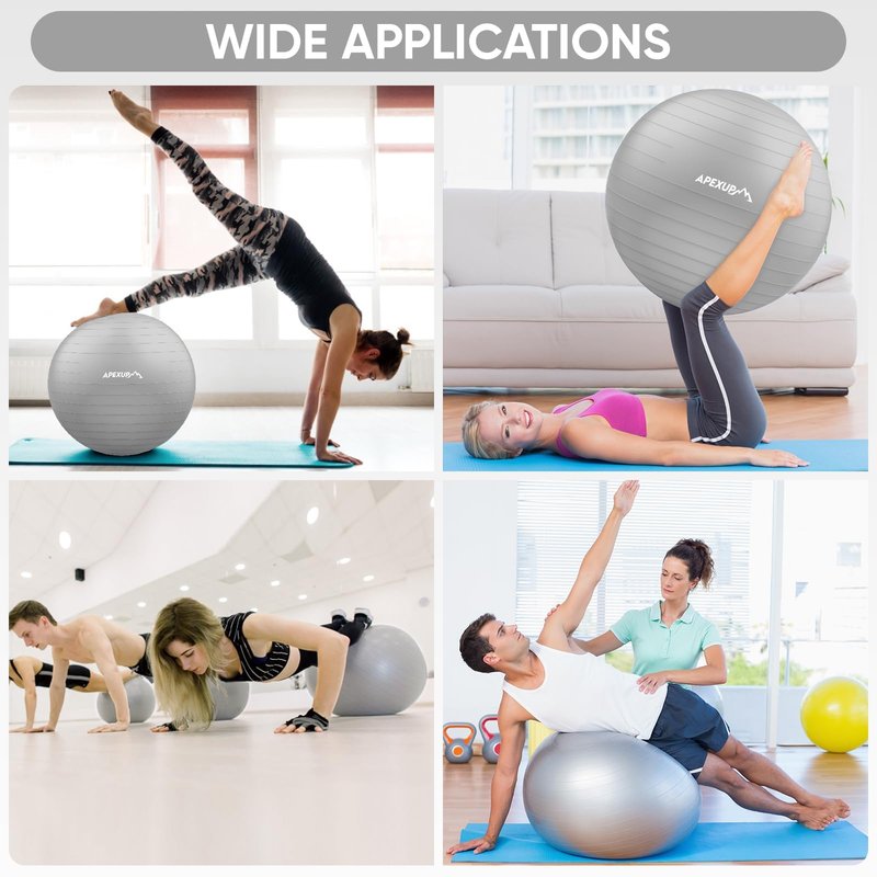 APEXUP Yoga Ball Exercise Ball Anti Slip Heavy Duty for Fitness, Balance & Core Workout, Balance Training, Pregnancy & Physical Therapy, 5 Sizes (XL (27"~30") 75cm, Silver)