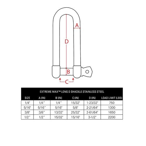 Extreme Max 3006.8207.2 BoatTector Stainless Steel Long D Shackle - 3/8", 2-Pack