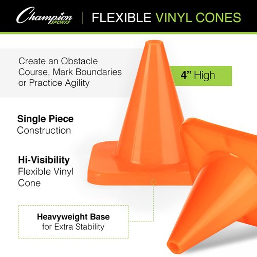 Champion Sports 4" High Visibility Flexible Vinyl Cone for Athletics and Social Distancing, Orange