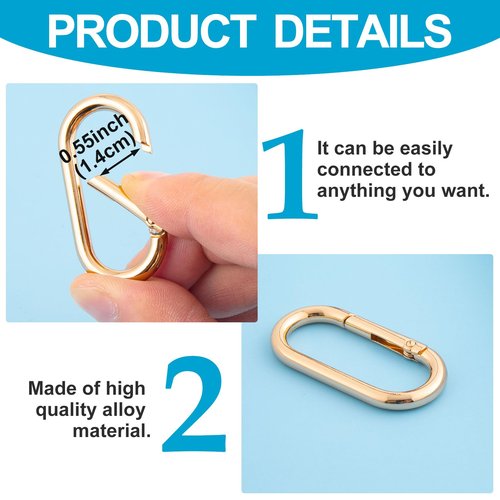 DAZEBRA 3pcs Oval Keyring Clips, Heavy Duty Spring Carabiner for Backpacks Purses Keys Bag Straps, Alloy Buckle Clasp for Hiking Camping Walking- Gold