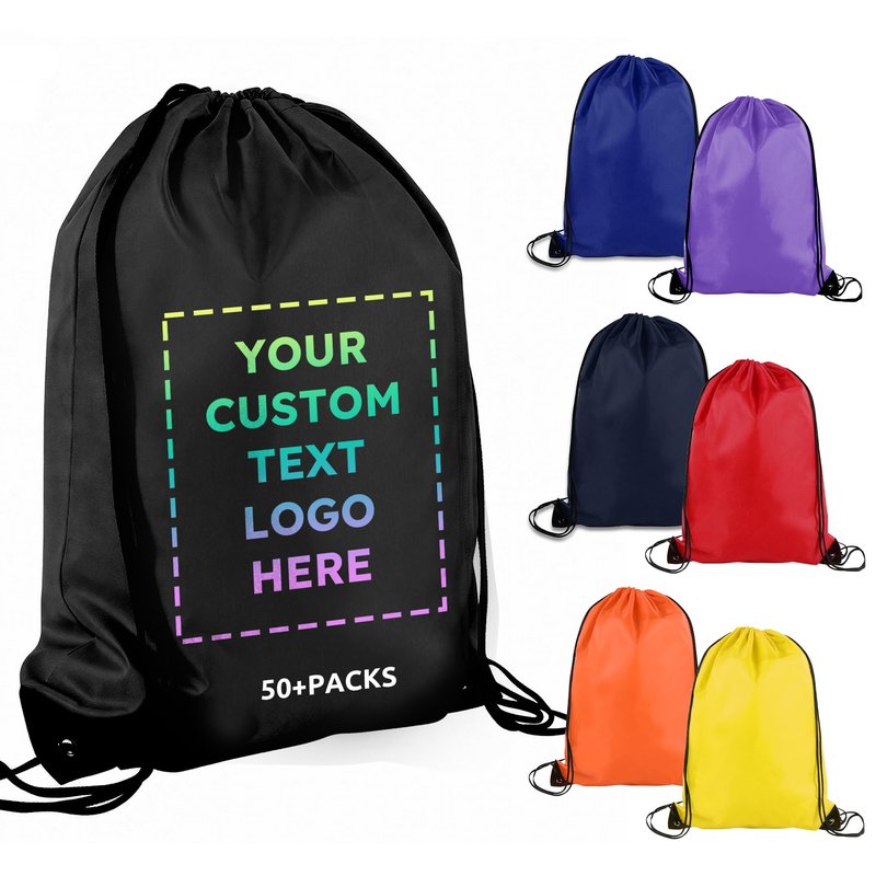 AT1nTen Custom Drawstring Bags 100/200 Pcs Personalized Bulk with Logo Text, Customizable Drawstring Backpack Draw String Back Bag for Gift Gym, Sports, Travel, Events Activities, Promotional Items