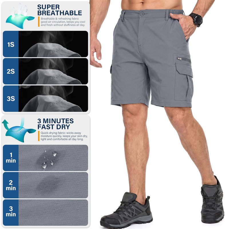 Jessie Kidden Mens Outdoor Casual Expandable Waist Lightweight Water Resistant Quick Dry Fishing Hiking Shorts (6222-Grey, 42)