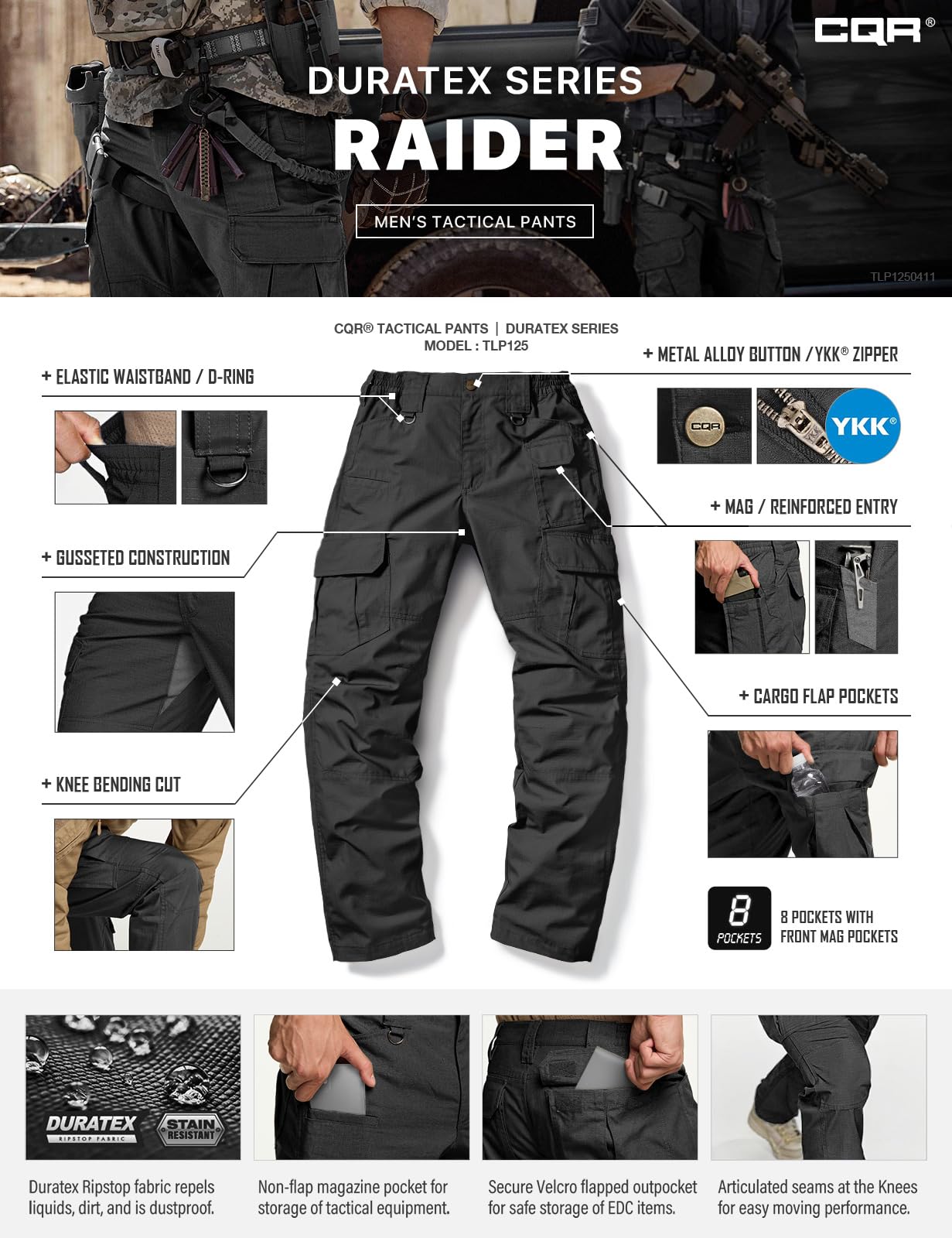 CQR Men's Tactical Pants, Water Resistant Ripstop Cargo Pants, Lightweight EDC Work Hiking Pants, Outdoor Apparel, Duratex Mag Pocket Black, 30W x 30L