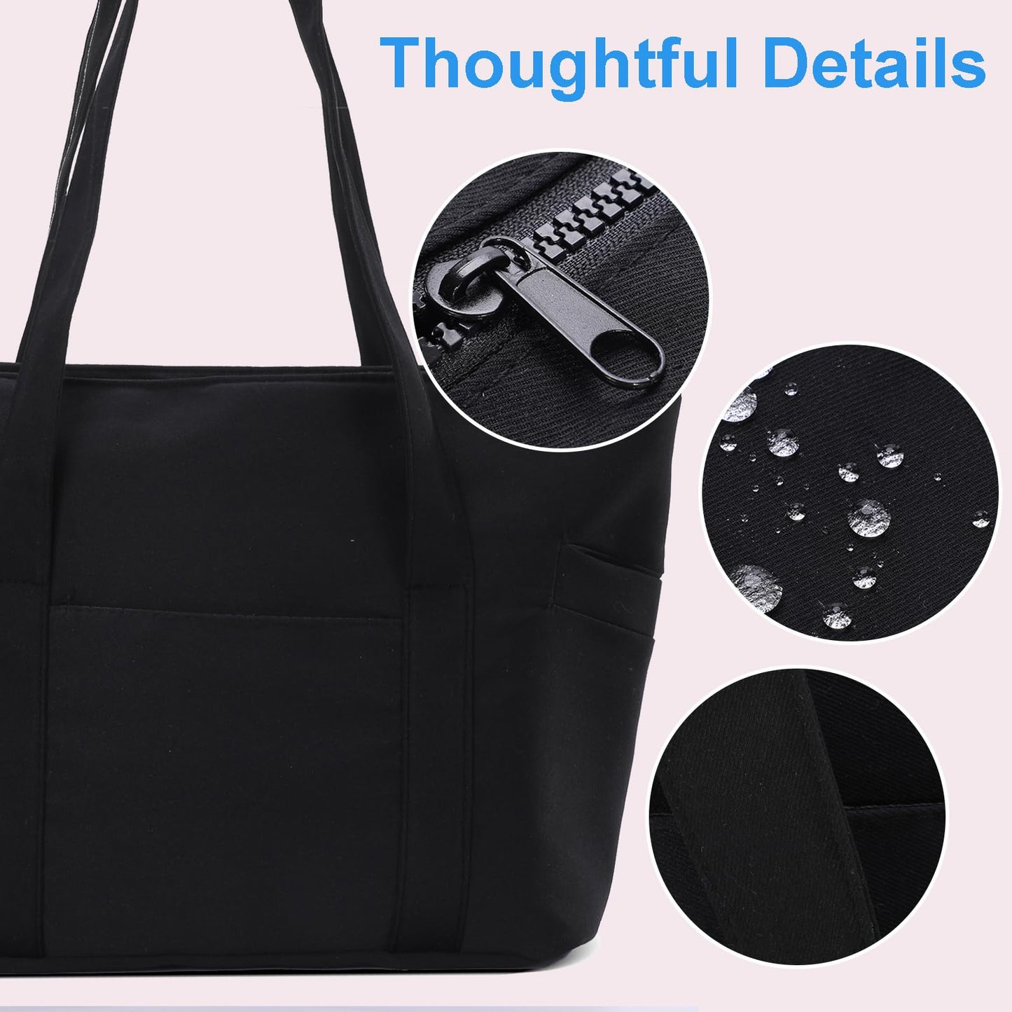 CTWWFS Large Tote Bag for Women with Zipper, Nylon Lightweight Work Tote with 15.6" Laptop Sleeve, Nurse Bag for Work College (Black)