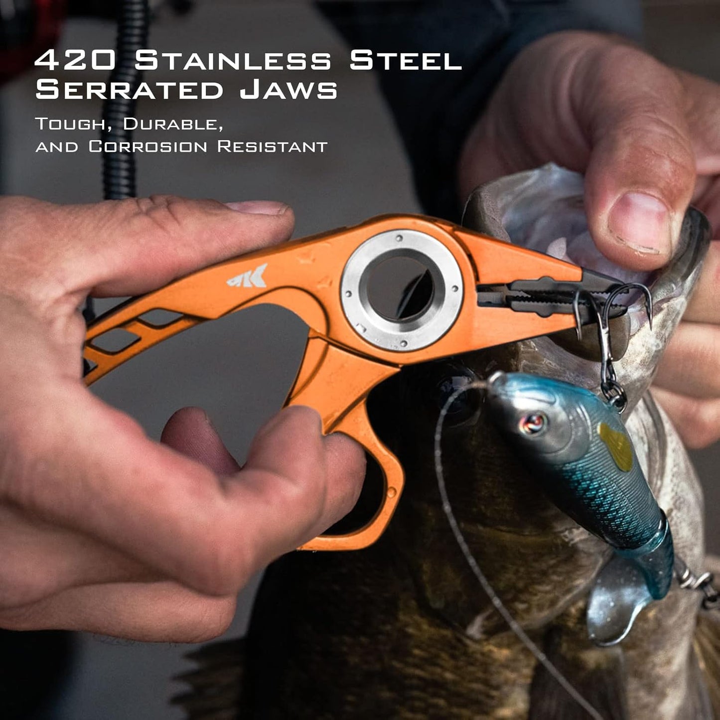 KastKing Micro Gila Fishing Pliers, Integrated Finger Hole, Aircraft Grade Aluminum, Fishing Tools, Saltwater Resistant Fishing Gear, Tungsten Carbide Cutters, Burt Orange