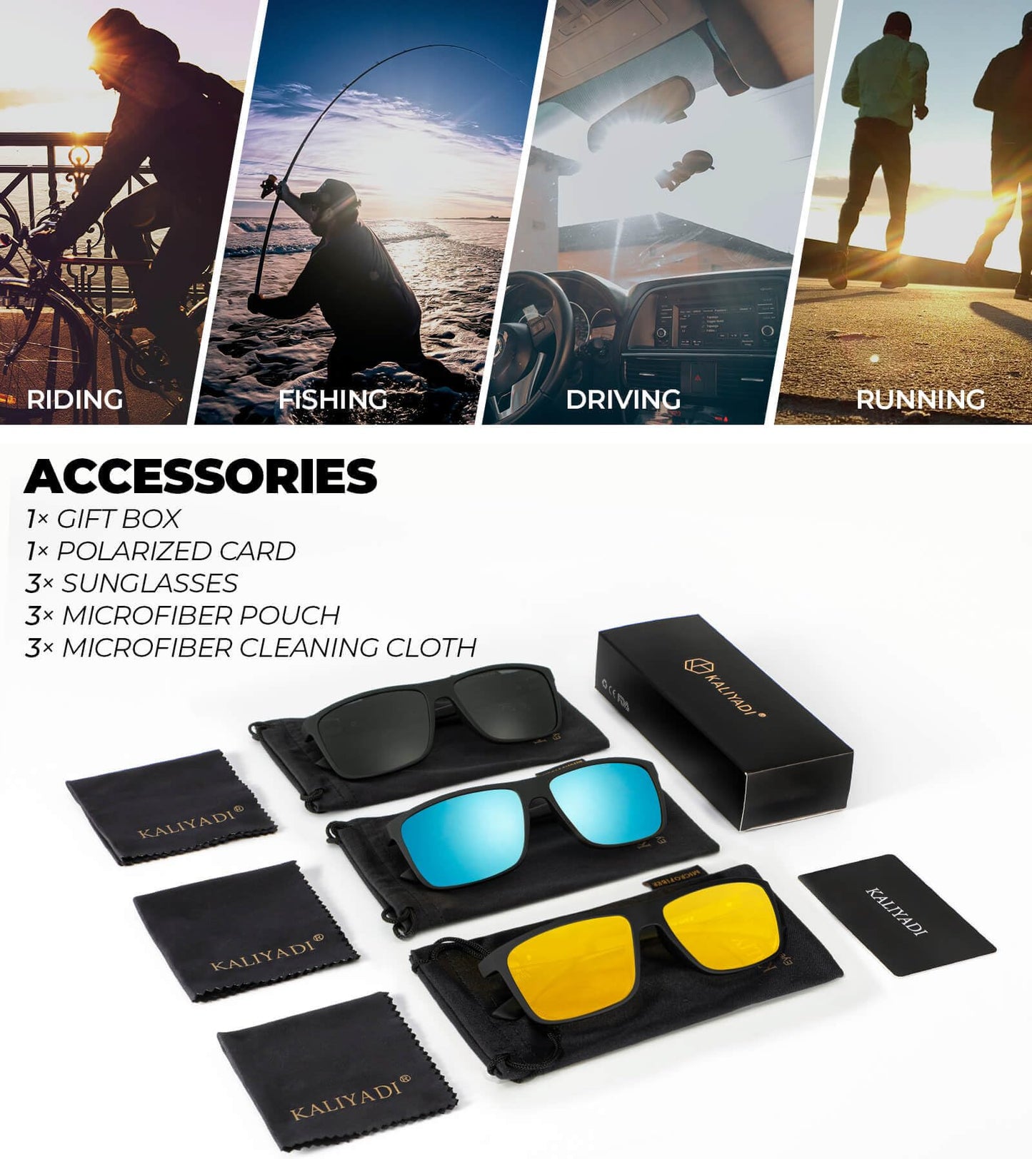 KALIYADI Polarized Sunglasses for Men and Women, Mens Sunglasses Polarized with UV Protection for Driving Fishing Golf (3 Packs)