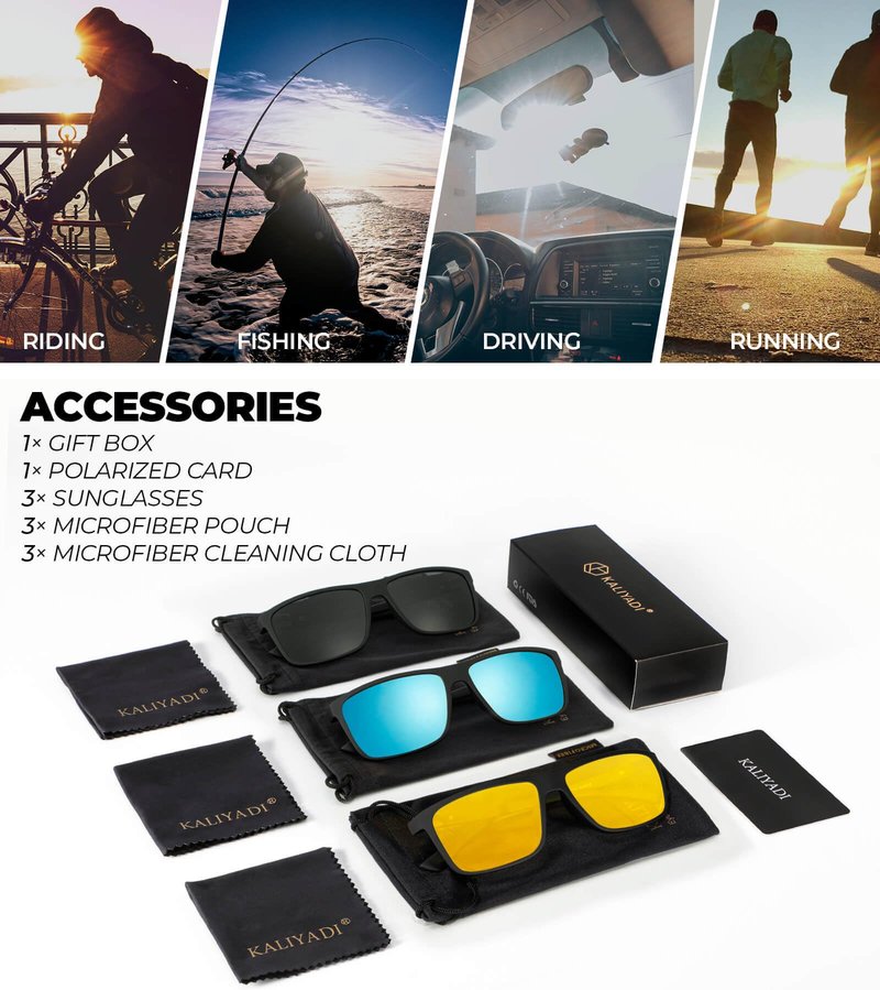 KALIYADI Polarized Sunglasses for Men and Women, Mens Sunglasses Polarized with UV Protection for Driving Fishing Golf (3 Packs)