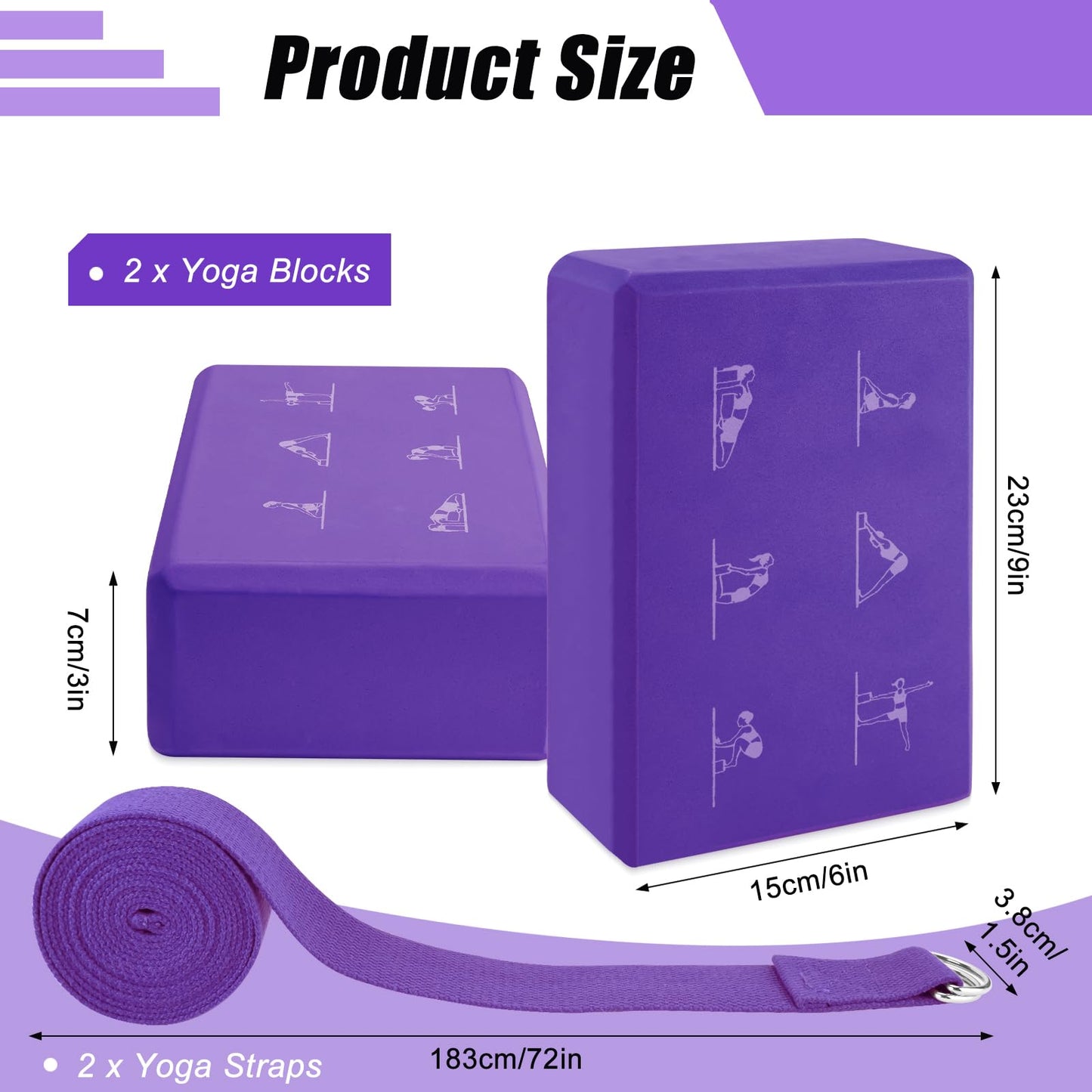IBEQUEM Yoga Block and Yoga Strap Set, 2 Soft Non-Slip Yoga Blocks 9×6×3 inches, 6FT Metal D-Ring Strap for Yoga, General Fitness, Pilates, Stretching and Toning, Purple