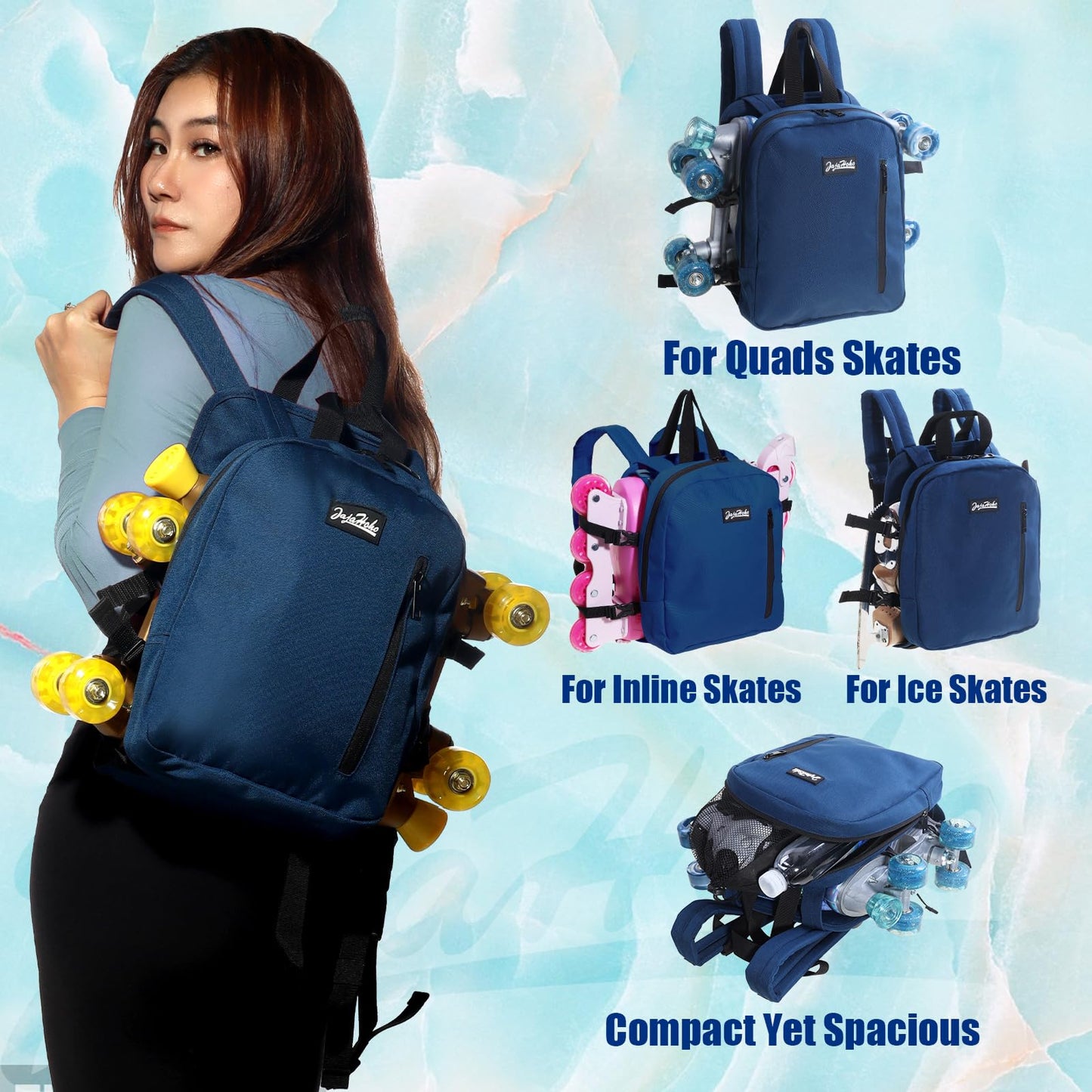 JajaHoho Roller skates bags for Women Men, Indigo Dark Blue Sports Backpack for Rollerskates, Ice skates, Inline skates, Skate Gear Storage, Durable and Stylish, 11.8 x 9 x 2.8 inches (Navy Blue)