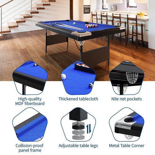 MegaChoice 7 Ft Folding Pool Table, Portable Pool Table, Billiard Table Set Includes Balls, Cues, Chalks and Brush, for Family Game Room, Adult Rrec Room, Basements, Blue
