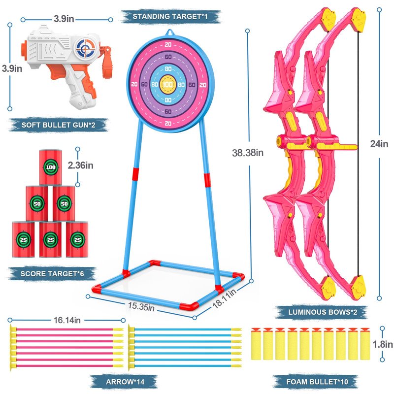 2 Pack Kids Bow and Arrow Set, Pink Light Up Archery Toy Set, 2 Foam Dart Blaster & 6 Target Cans Toys for Ages 5-7, Kids Indoor Outdoor Birthday Gifts Ideas for Boys Girls 4 5 6 7 8 9 10 Year Old