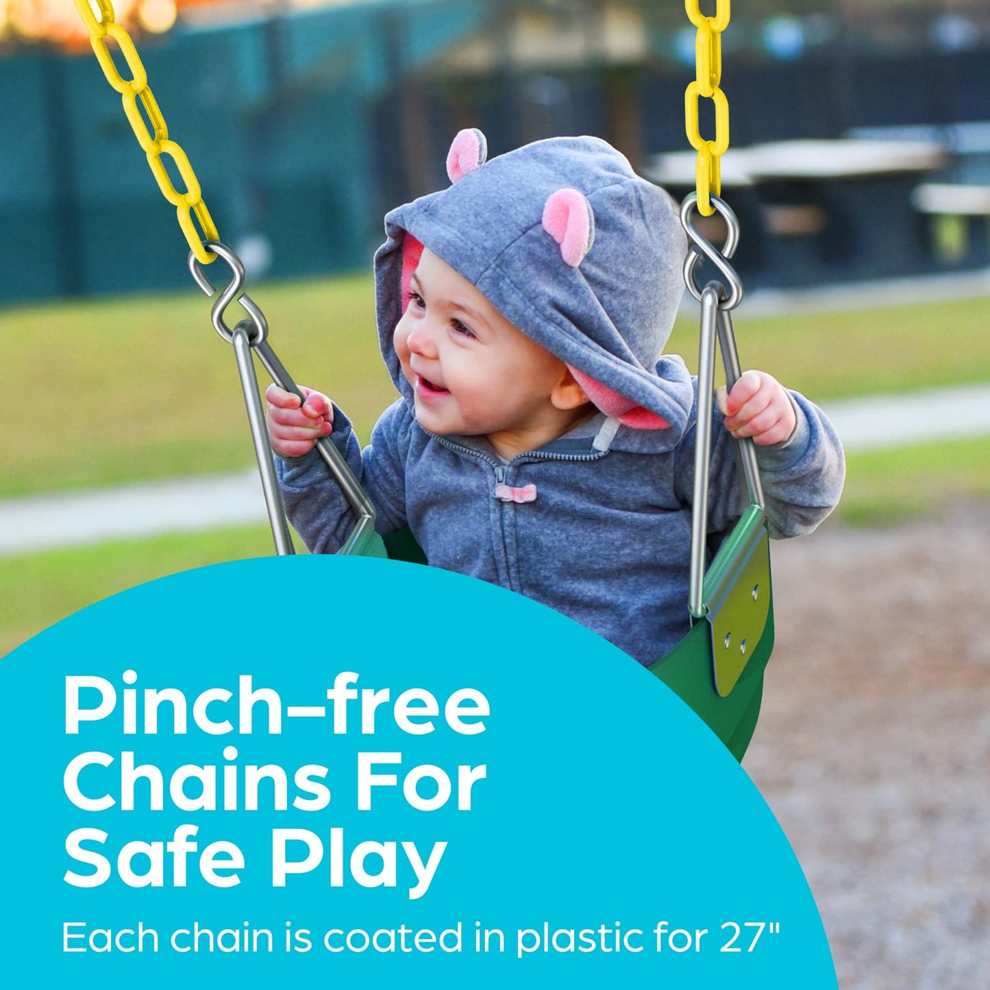 Jungle Gym Kingdom Baby Swing Outdoor - Heavy Duty Toddler Swing Set Accessories, High Back, Full Bucket Seat with Coated Chains for Outdoor Use - Fully Assembled - Green