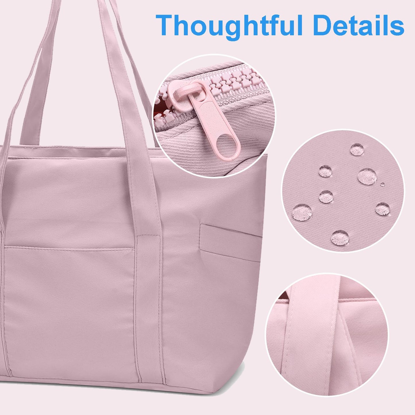 CTWWFS Large Tote Bag for Women with Zipper, Nylon Lightweight Work Tote with 15.6" Laptop Sleeve, Nurse Bag for Work College (Pink)