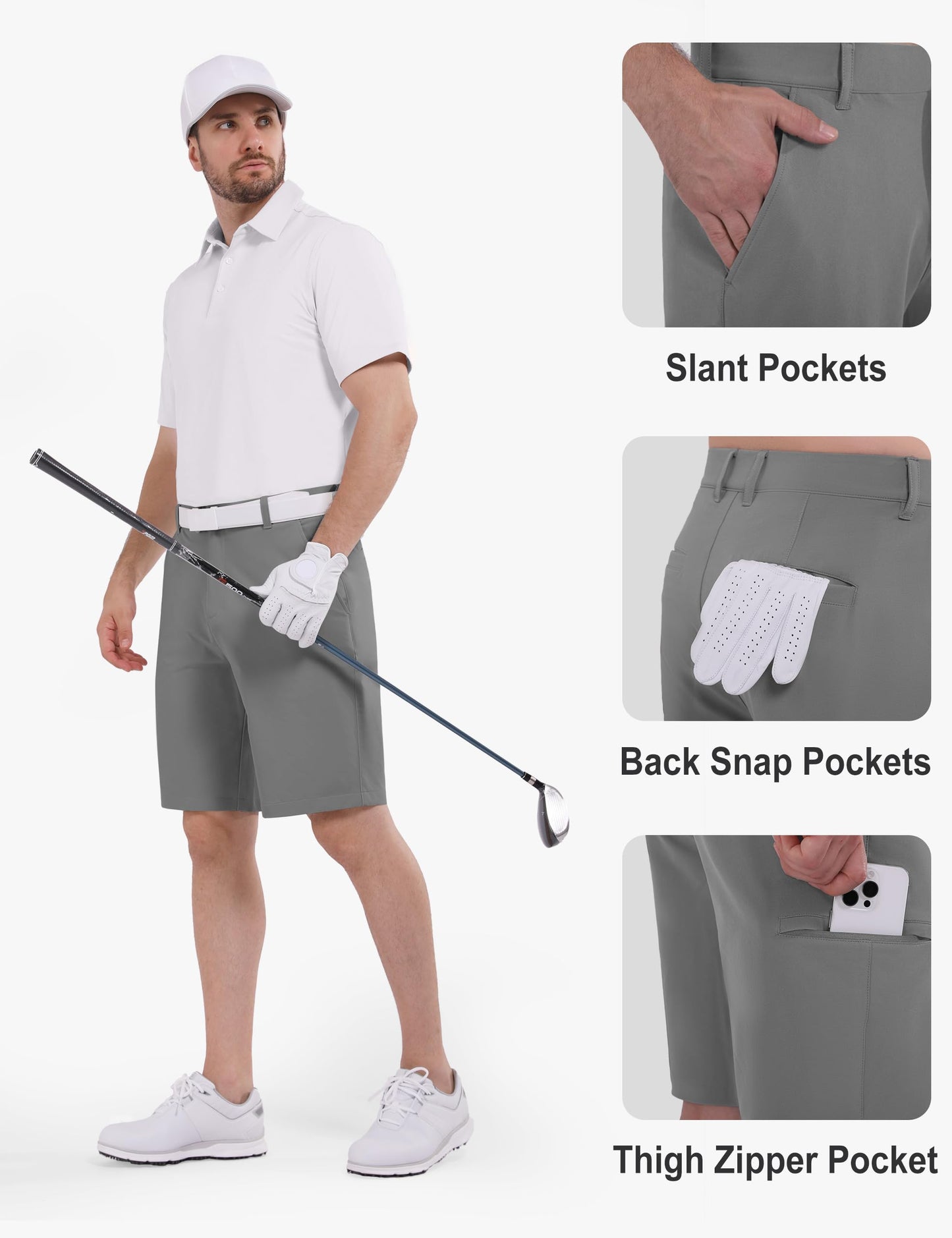 Shallowlulu Men's Golf Shorts 7"/ 10" Stretch Quick Dry Water Resistant Dress Casual Shorts with 6 Pockets Work Hiking Shorts(Grey 34W/10L)