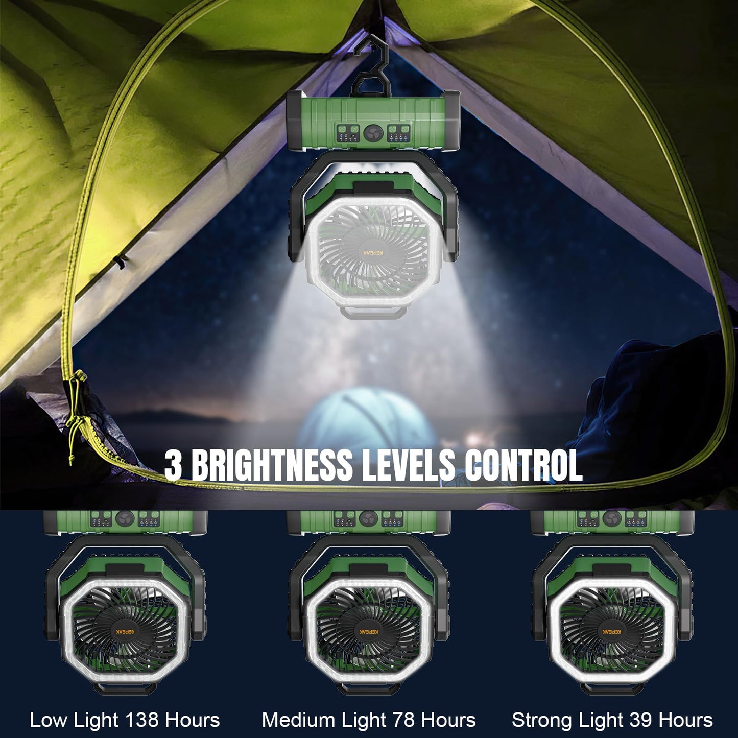 KEPEAK Rechargeable Camping Fan with LED Light, 20000Ah Battery Operated Powered Fan, 72H Runtime, Remote Control, 5.3m Airflow, Ultra-Quiet Portable Fan for Tents, Outdoor, Camping(Green)