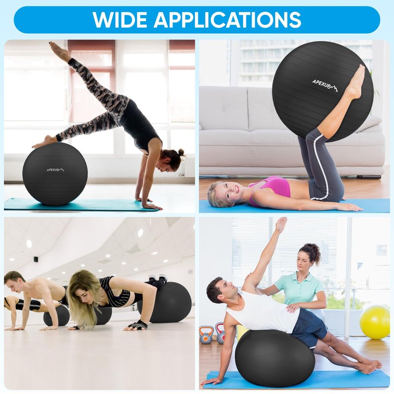 APEXUP Yoga Ball, 660 lbs Anti-Burst Exercise Ball with Pump, 5 Sizes (M (19"~22'') 55cm, Black)