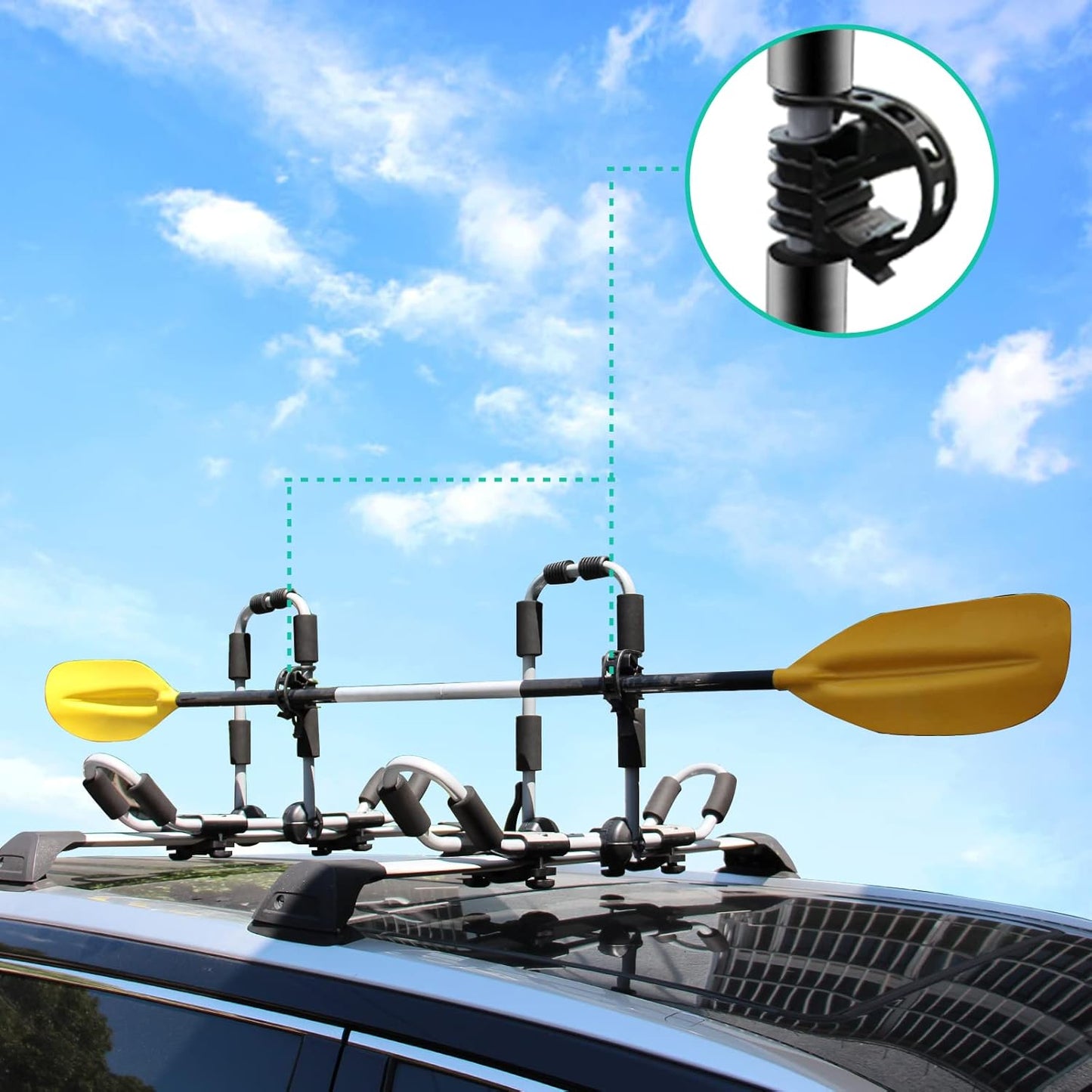Kayak Roof Rack 4-in-1 Folding Adjustable Bilateral J-Shaped Roof Rack for Kayak/Surf/Ski Roof Carrier Rack with 4 PCS Tie Down Straps On Rooftop Mount on Car SUV Truck Crossbar