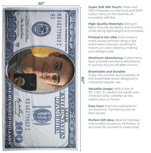$100 Bill Beach Towel for Kids & Adults – Custom Name or Face Options – Funny Money Beach Towel, Super Soft Silk Touch; Hundred Dollar Bill w/Face, Large 30"x60", 1-Sided Printing, Printed in The USA