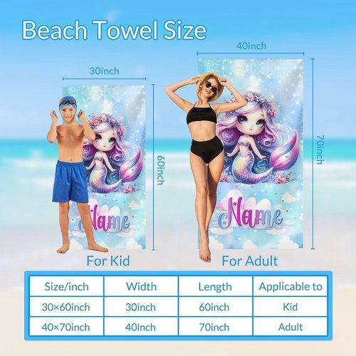 COOPASIA Mermaid Towel for Girls, Personalized Kids Beach Towels with Name, Sandproof, Microfiber, Custom Beach Accessories for Pool Bath Vacation