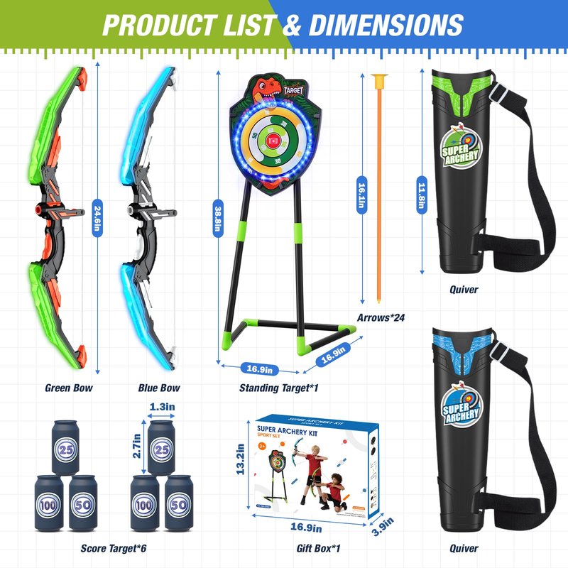 HYES 2 Pack Kids Bow and Arrow, LED Light Up Archery Set with 24 Suction Cup Arrows, Indoor Outdoor Sport Dinosaur Toys Gifts for 3 4 5 6 7 8 9 10 11 12 Year Old Boys Girls