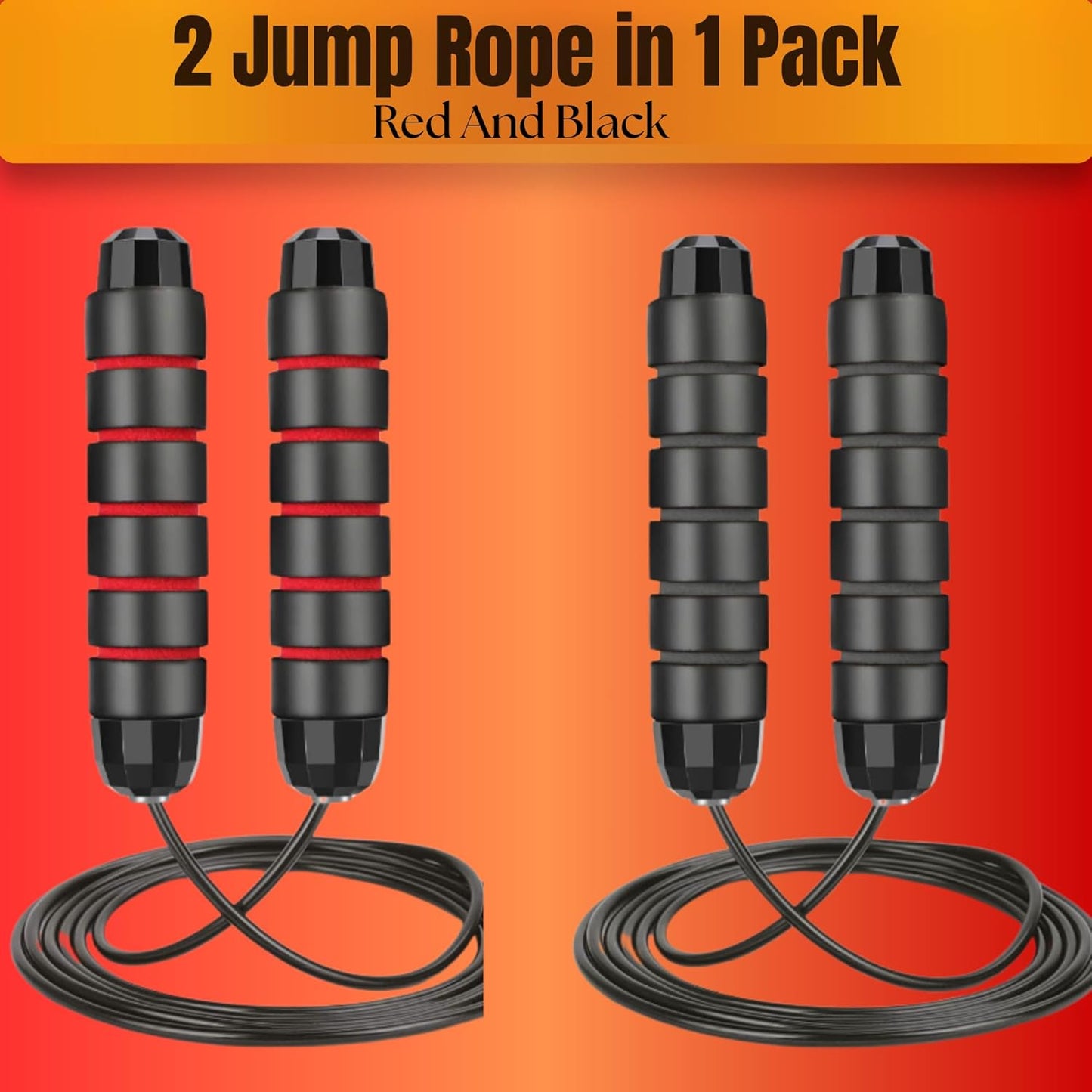 2 Pcs Red And lack Adjustable Jump Rope for Fitness – Tangle-Free Skipping Rope with Ball Bearings, Ergonomic Foam Handles – Speed Jump Rope for Men, Women & Kids – Indoor & Outdoor Exercise Equipment