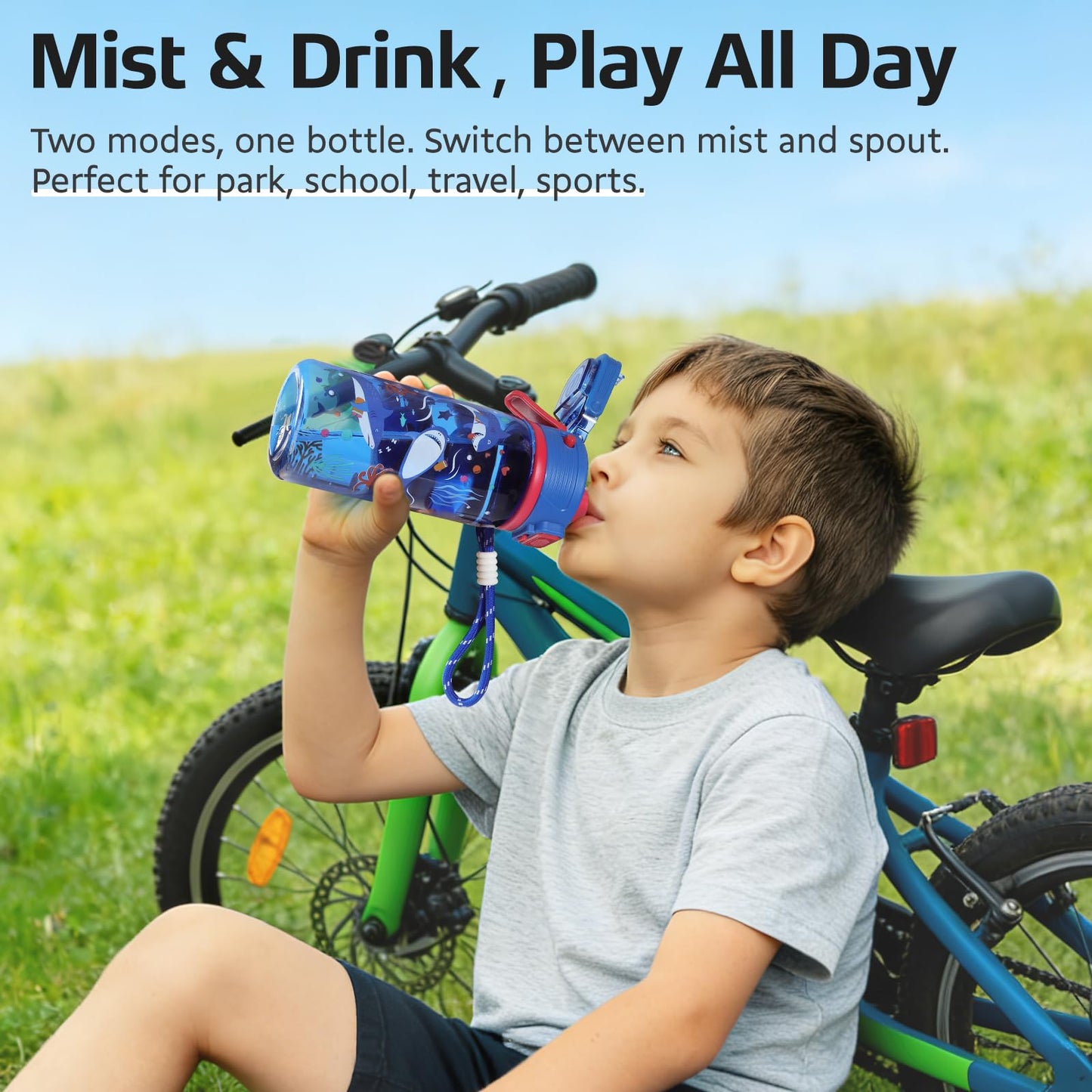 omedecal 20 oz 2-In-2 Mist and Sip Water Bottle for Kids, Shark