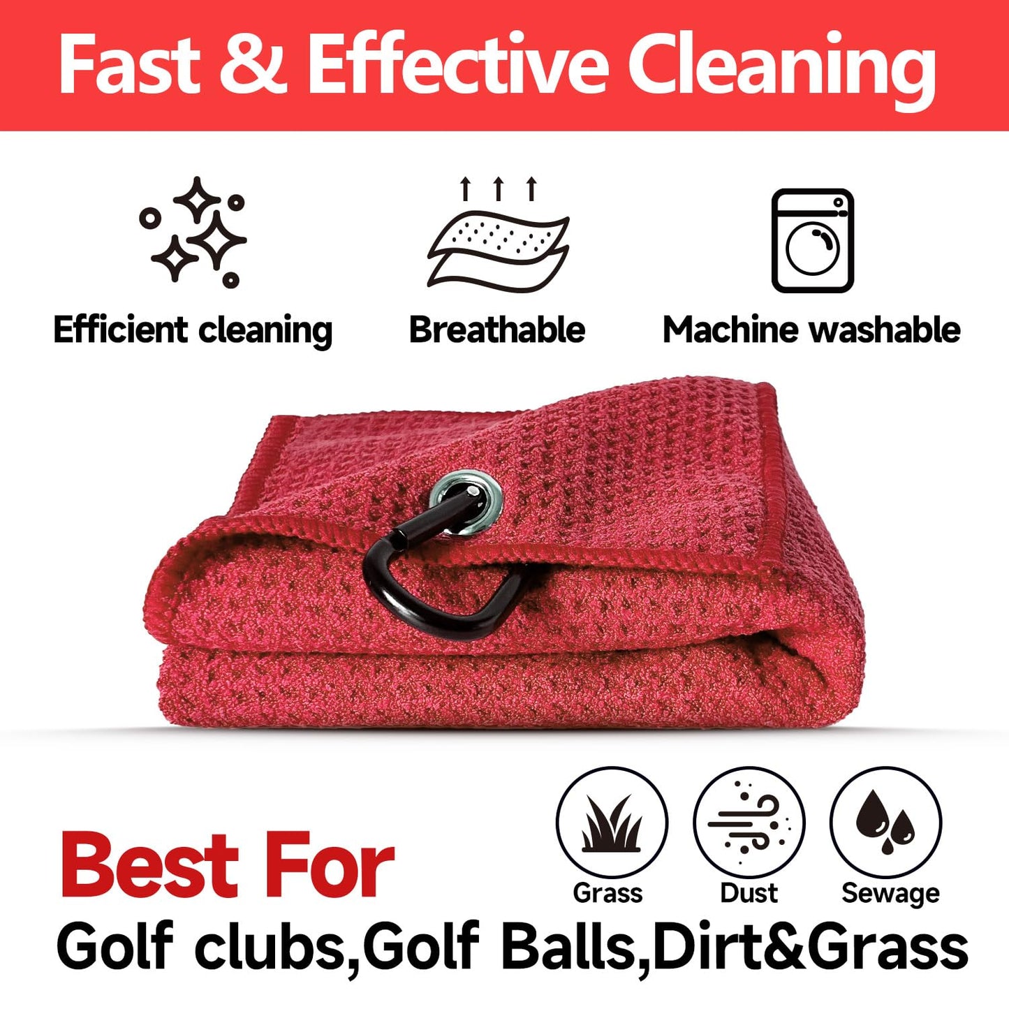 3 Pack Golf Towels - 16"x24" Tri-Fold Waffle Microfiber Golf Towel for Golf Bag/Golf Cart, Heavy-Duty Carabiner & Ultra Absorbent Fabric to Wipe Sand, Mud & Sweat (Black/Grey/Red)