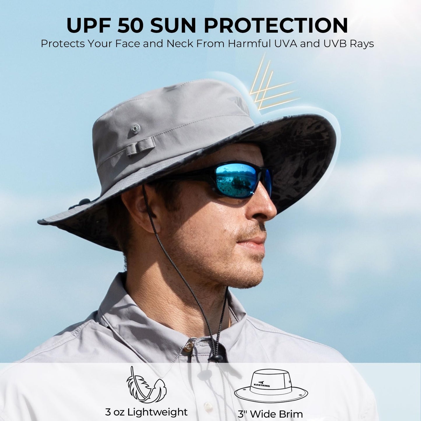 KastKing Shade Trekker Boonie Hat,UPF 50+ Protection,Water-Repellent,Adjustable Snap Brim Fishing Hat,Light Gray with Blackout