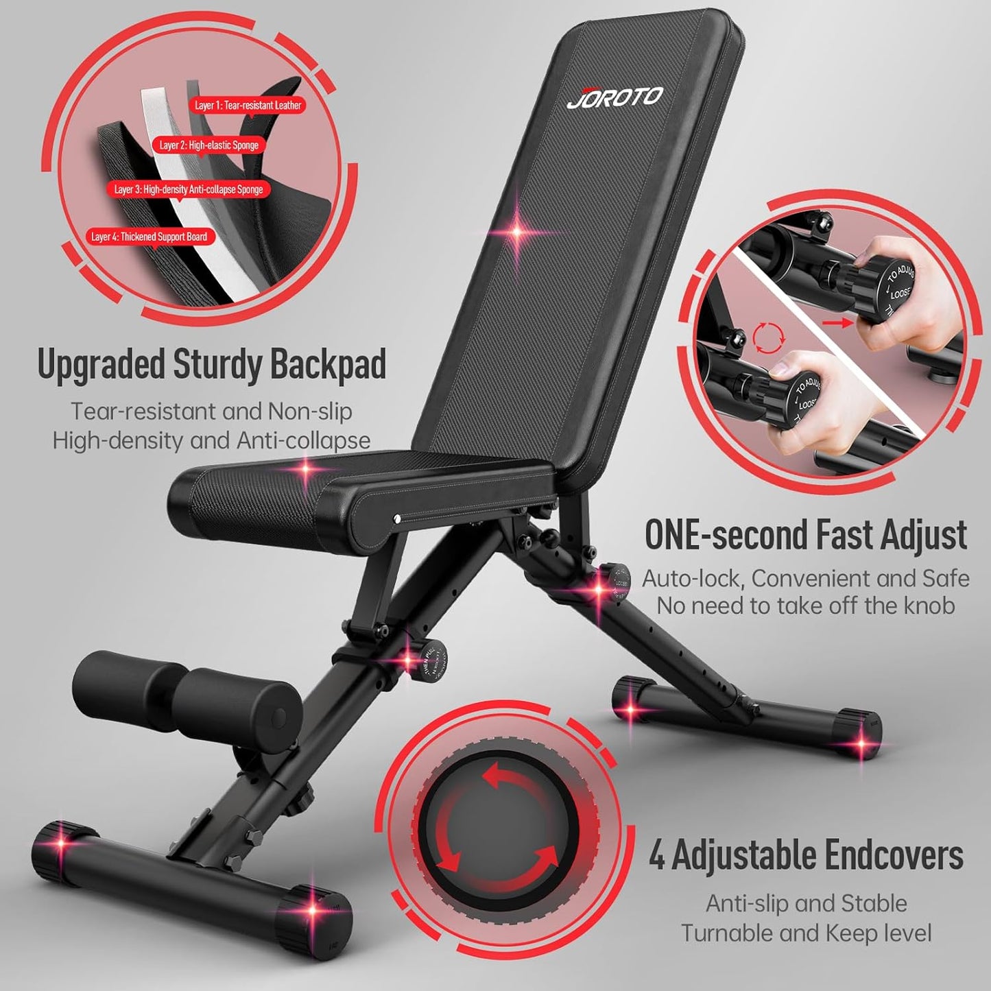 JOROTO MD35 Adjustable Weight Bench 8x4x3x2 Positions- 700 Pounds Load Foldable Strength Training Benches for Full Body Workout Bench Press (With Fast Auto-lock Adjustments)