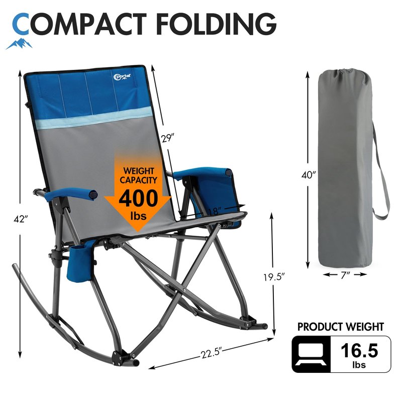 Portal Oversized Folding Rocking Camping Chair Portable Outdoor Rocker with High Back Hard Armrests Carry Bag, Supports 400 lbs, Padded Back, Grey&Blue