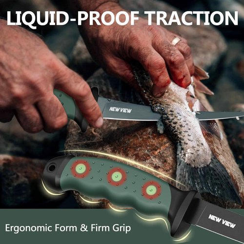 NEW VIEW Fillet Knife 7-Piece Corrosion-Resistant Stainless Steel Knife Set, 4 Fishing Knives Set with Non-Slip Handle, Sharpener, Storage Bag, Suitable for Freshwater and Saltwater