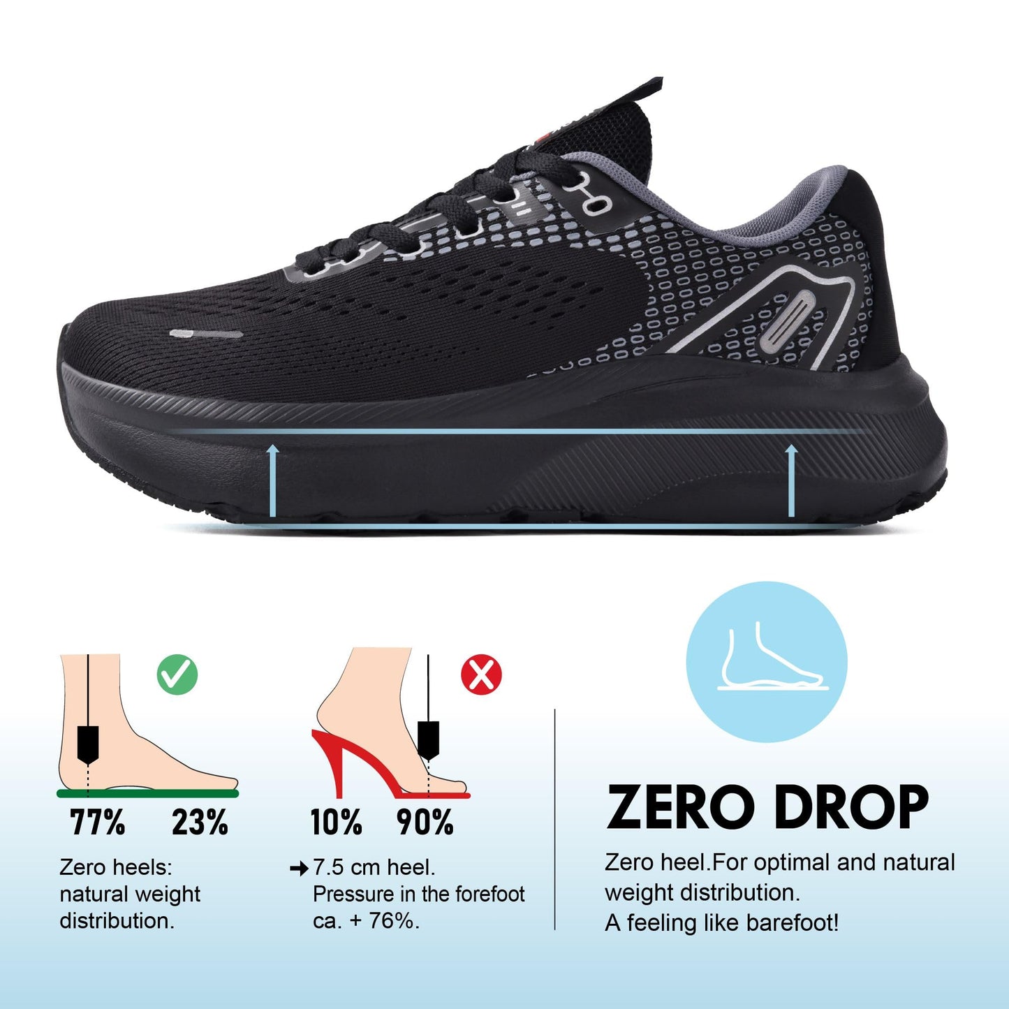 JACKSHIBO Wide Toe Box Shoes Women Arch Support Wide Sneakers for Running Walking Athletic Tennis Orthopedic Plantar Fasciitis Workout with Thick Cushion Zero Drop Sole Width Shoes Black