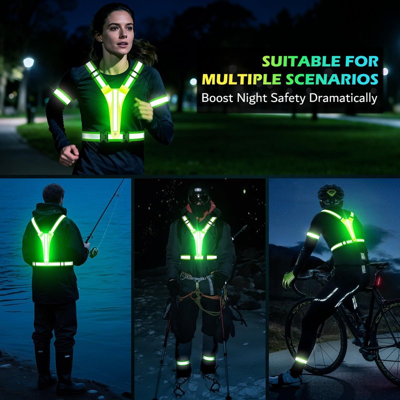 Led Light Up Running Vest Reflective Vest for runners night walking, Rechargeable LED Reflective Running Vest High Visibility with Adjustable Waist/Shoulde, Reflective Armband for Women Men (Green)