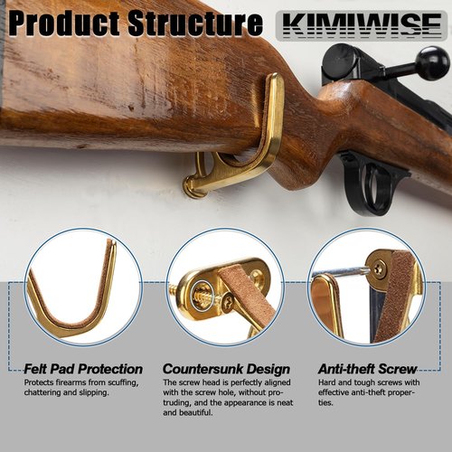 KIMIWISE Gun Rack Wall Mount with Felt Wall Horizontal Metal Heavy Duty Gun Hooks for Rifles and Shotguns Storage Security, 1 Pair(Gold)
