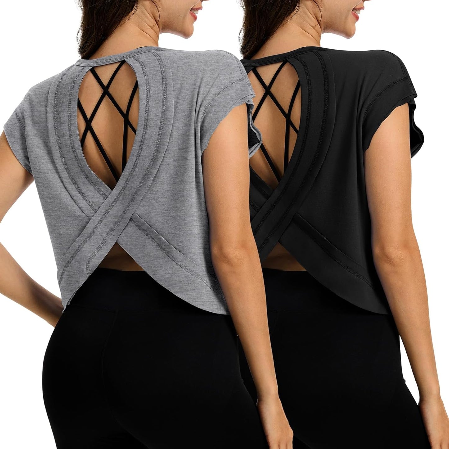 2 Pack Women's Open Back Workout Tops Short Sleeve Backless Athletic Shirts Loose Fit Crop Tops Running Gym Yoga Tee